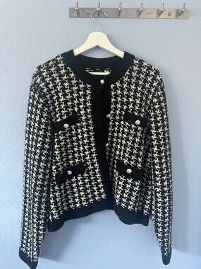 Karl Lagerfeld Paris Women's Houndstooth Cardigan Black Size XL